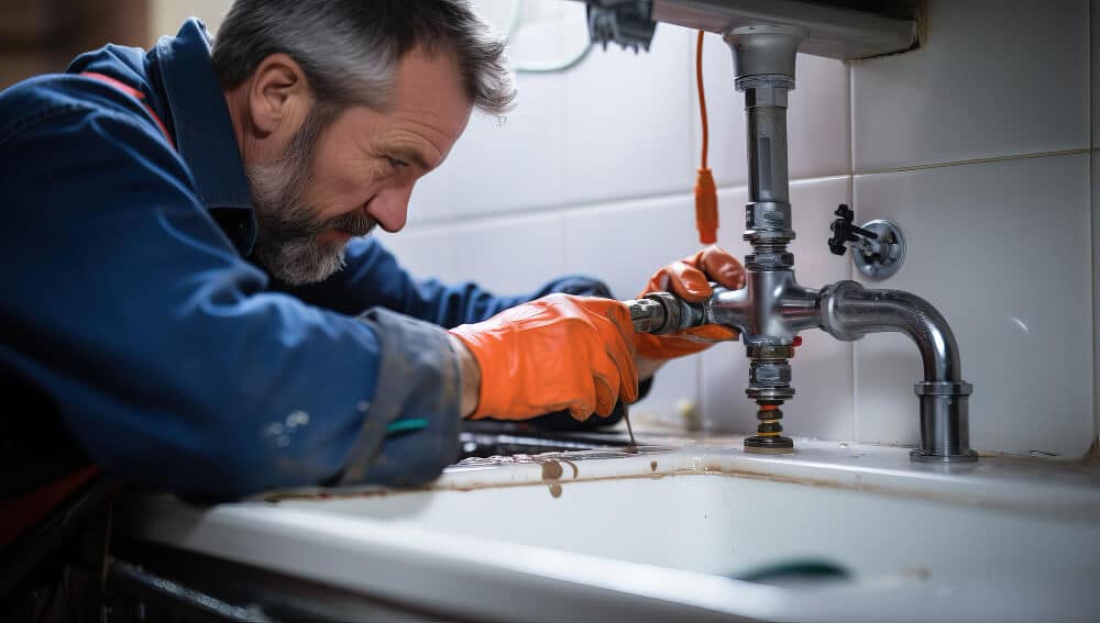 Plumber Repairing A Sink In A Kitchen