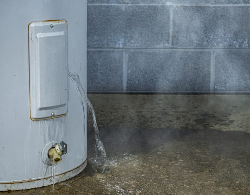 A close up of a water heater leaking water on to the basement floor
